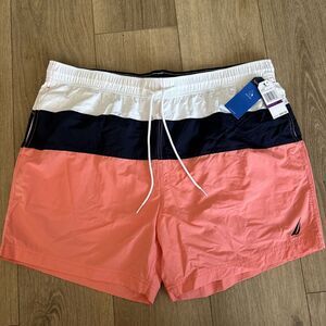 Nautica Swim Trunks Mens Large Coral Blue Color‎ Block Lined Suit XXL 5.5" NEW